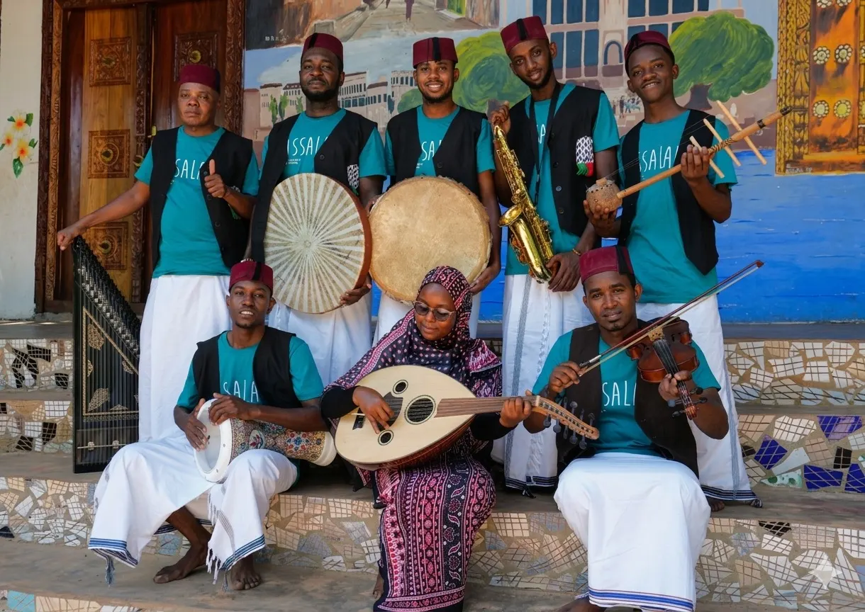 The full SAWA Ensemble gathered on a painted veranda with oud, violin, saxophone, qanun and hand drums